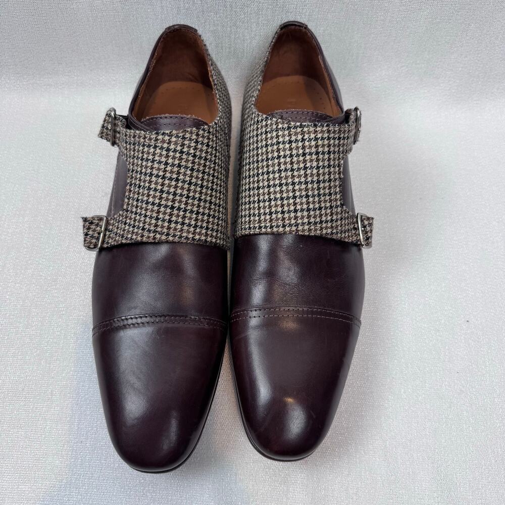Paul Fredrick Cuoio Brown Two-Tone Art Check Double Monk Strap Shoes Men's 114